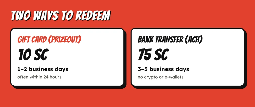 Hello Millions redemption routes: Prizeout gift cards from 10 SC in 1 to 2 business days, bank transfer from 75 SC in 3 to 5 business days